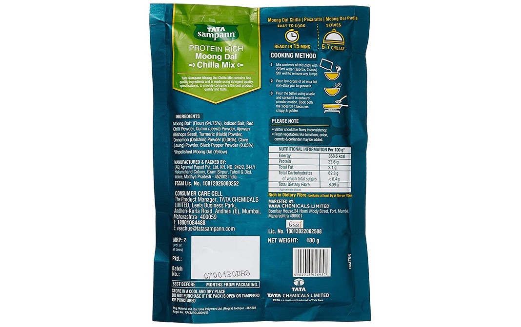 Tata Sampann Protein Rich Moong Dal Chilla Mix   Pack  180 grams